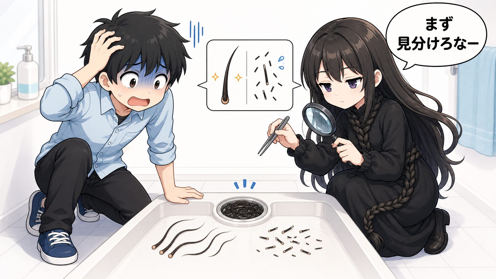 酢リンスと抜け毛の関係を髪の毛さんとけい太が確認しているイラスト
