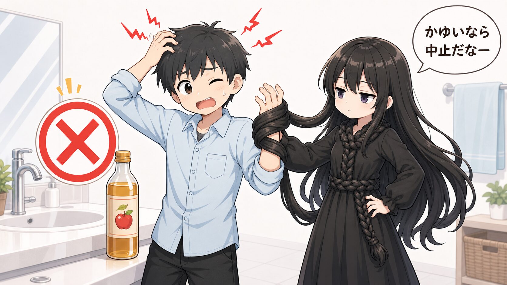 酢リンス後に頭皮がかゆい時は中止するよう髪の毛さんが止めているイラスト