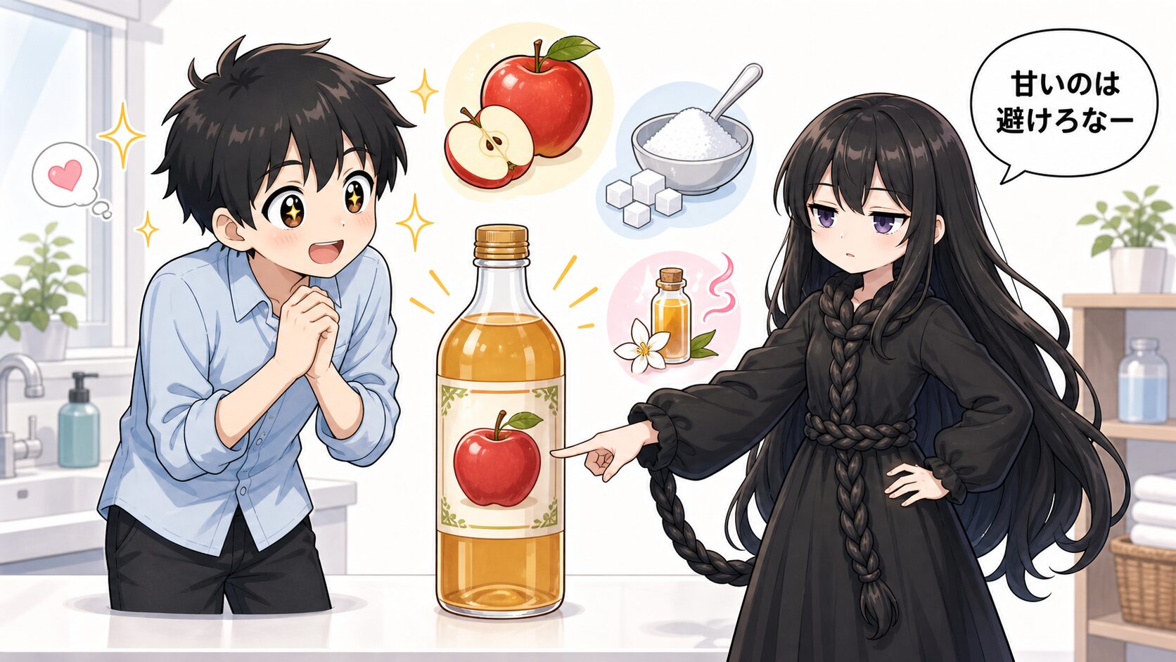 りんご酢リンスの注意点を髪の毛さんが確認しているイラスト