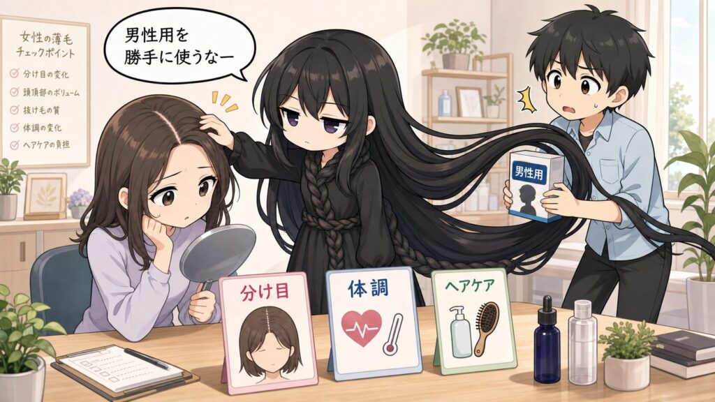女性の柔らかい髪と薄毛