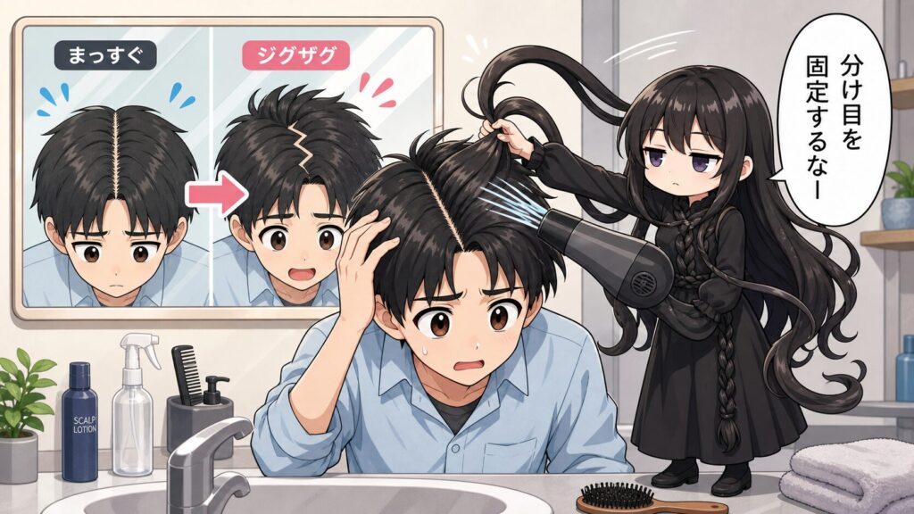 分け目が広い柔らかい髪