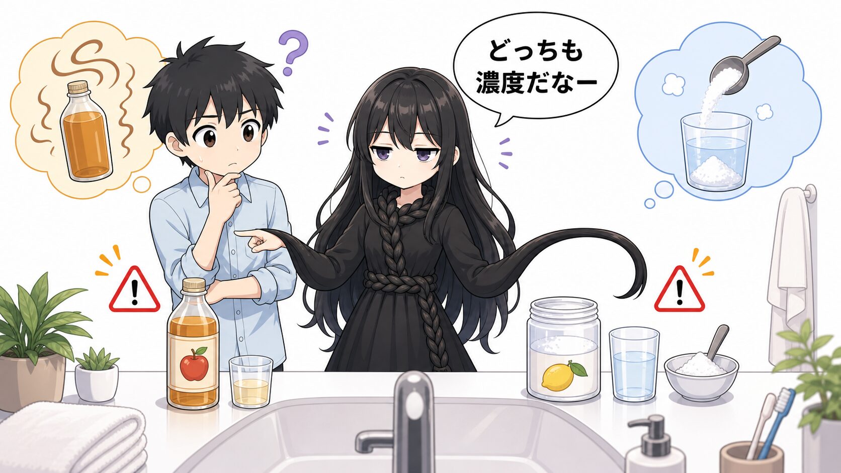 酢リンスとクエン酸リンスの違いを髪の毛さんが説明しているイラスト
