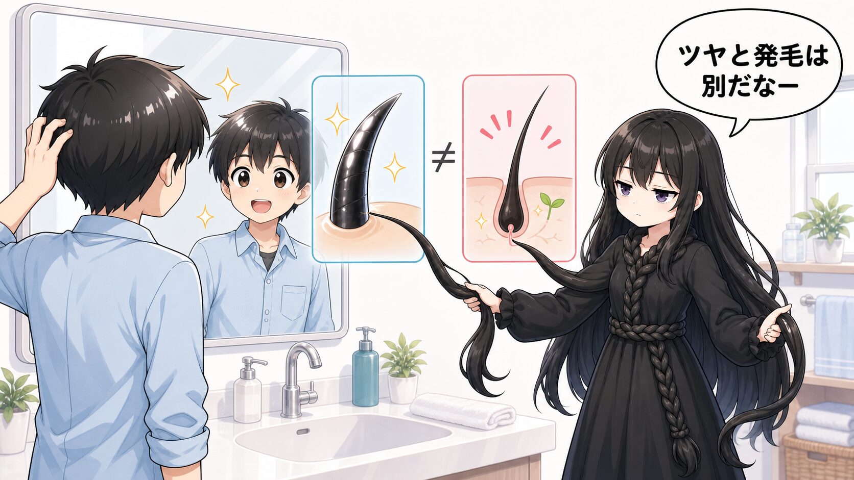 酢リンスのツヤと発毛は別だと髪の毛さんが説明しているイラスト
