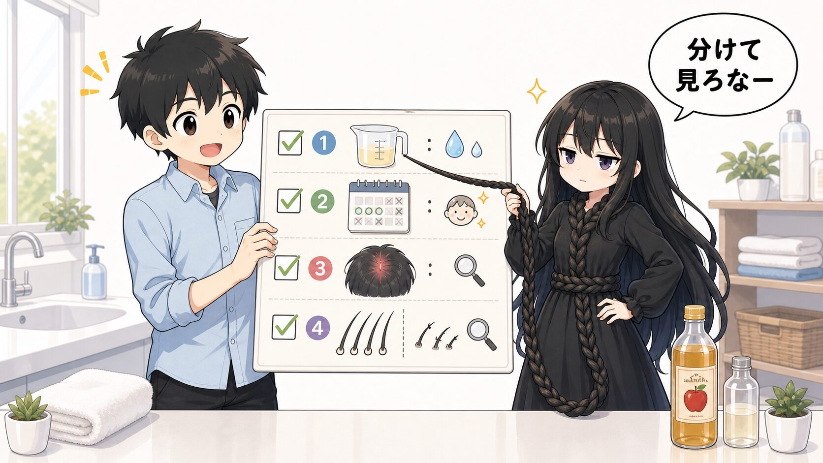 酢リンスではげる前に確認したいポイントを髪の毛さんがまとめているイラスト