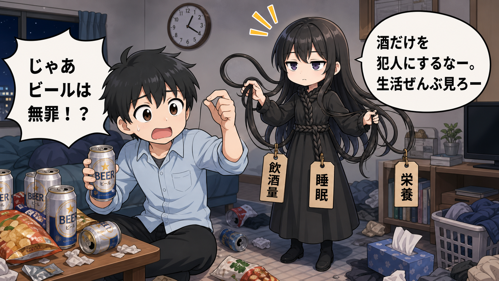 酒と薄毛の関係を髪の毛さんとけい太が解説するイラスト