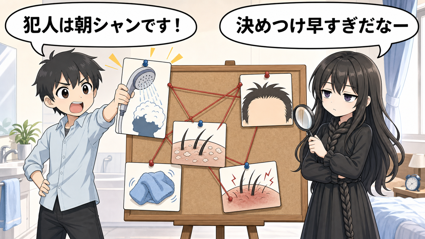 朝シャンで薄毛になる誤解を髪の毛さんとけい太が解説するイラスト