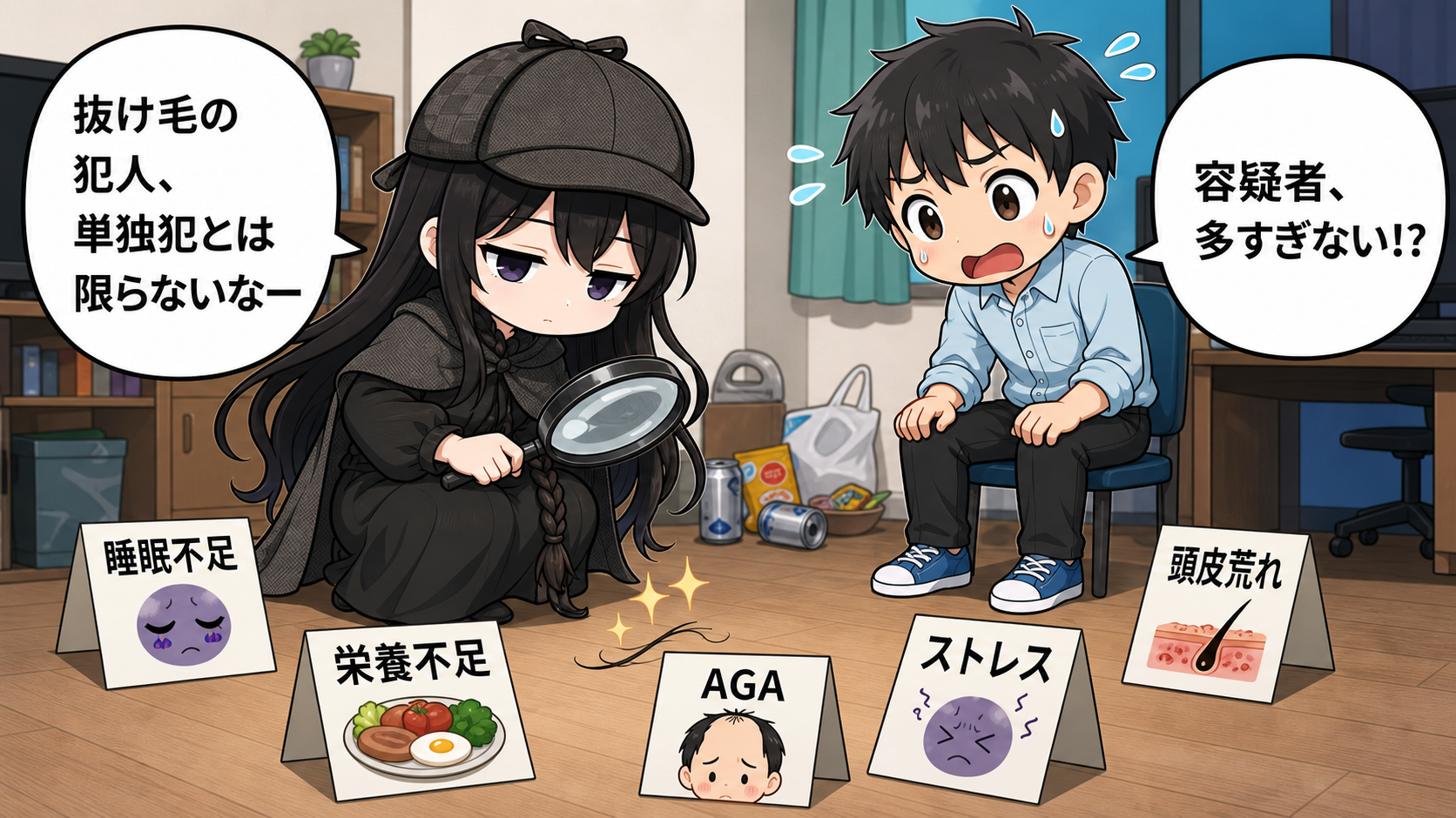 お酒と抜け毛の原因を探偵風に解説する髪の毛さんとけい太のイラスト