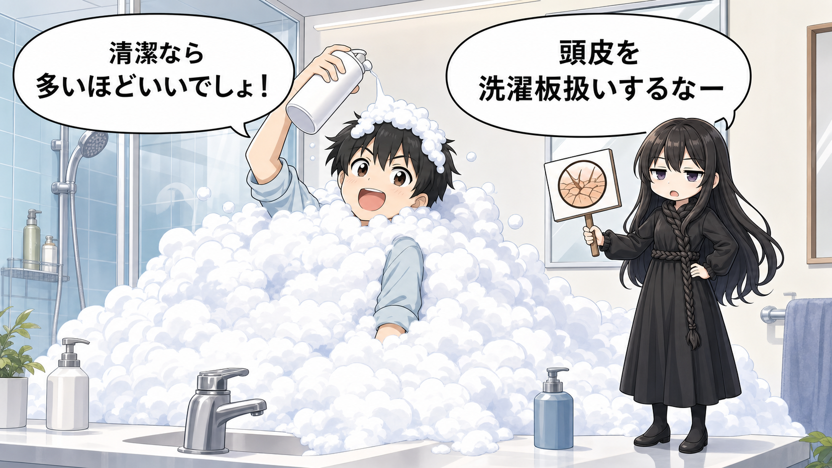 シャンプーしすぎと頭皮乾燥を髪の毛さんとけい太が解説するイラスト