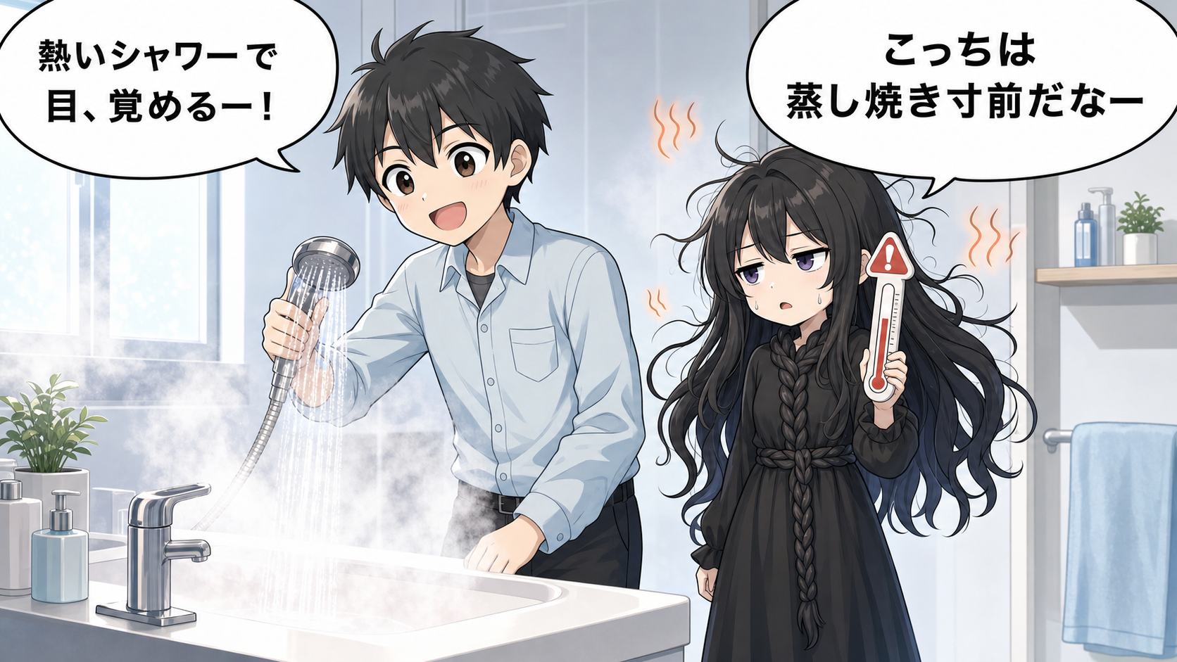 熱いお湯と頭皮ダメージを髪の毛さんとけい太が解説するイラスト