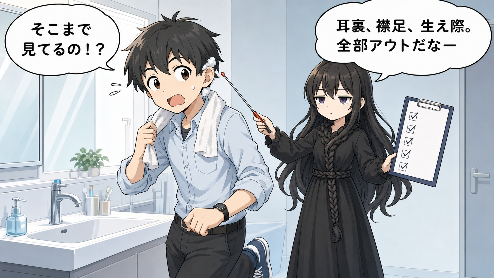 すすぎ残しと頭皮トラブルを髪の毛さんとけい太が解説するイラスト