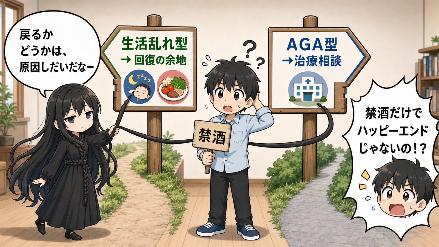禁酒で髪が戻るかは原因次第と示す髪の毛さんとけい太のイラスト