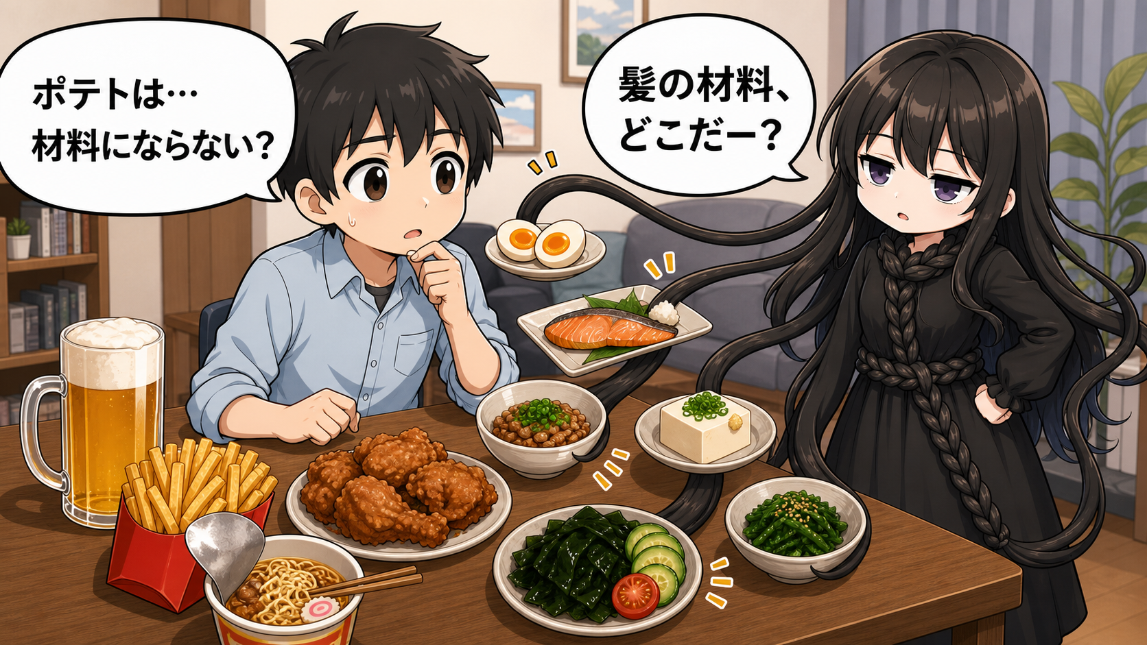 アルコールと栄養不足を食卓で解説する髪の毛さんとけい太のイラスト