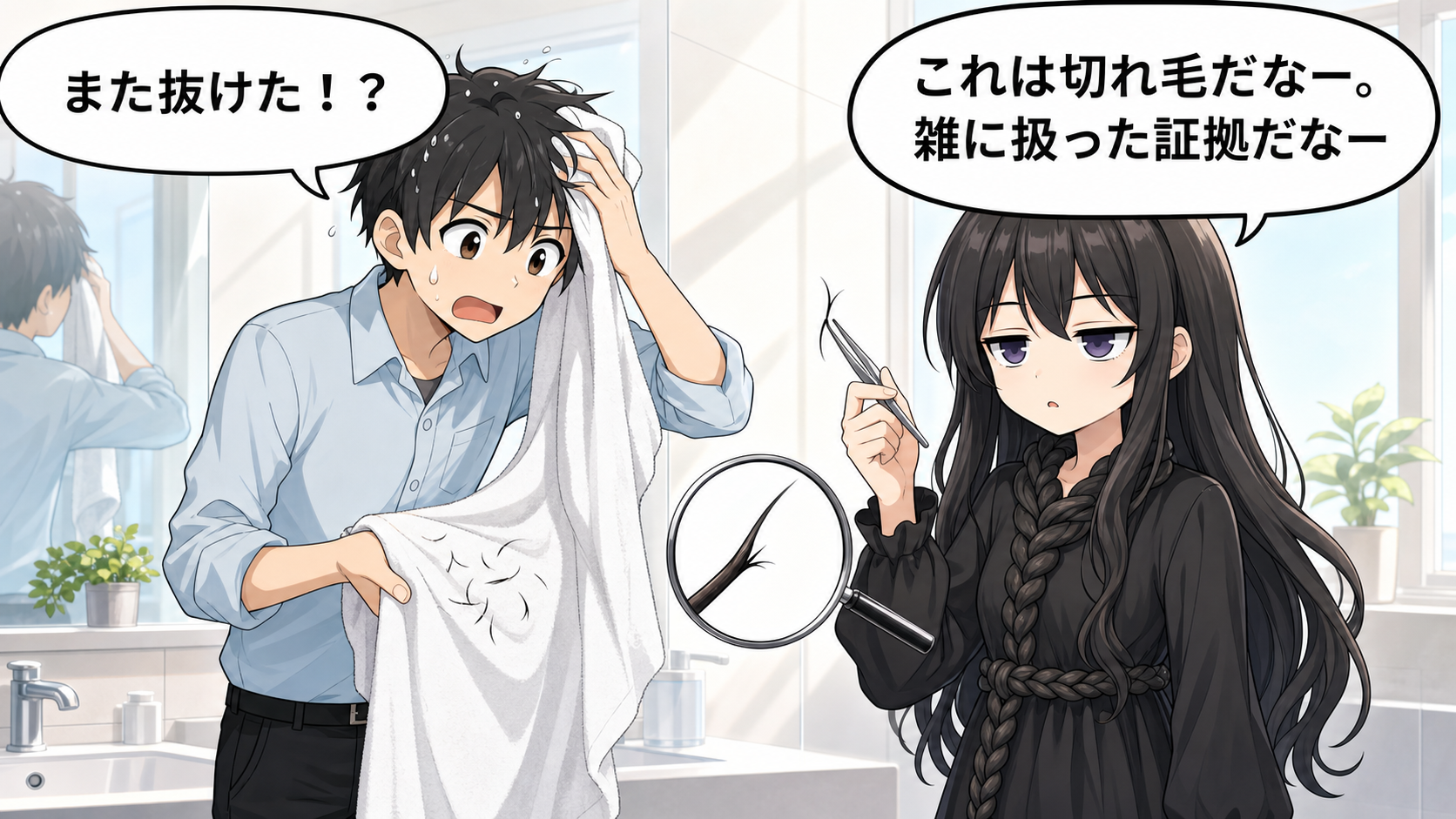 濡れたままの髪と切れ毛を髪の毛さんとけい太が解説するイラスト