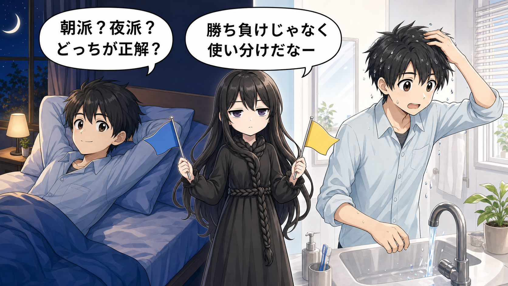 朝シャンと夜シャンの使い分けを髪の毛さんとけい太が解説するイラスト
