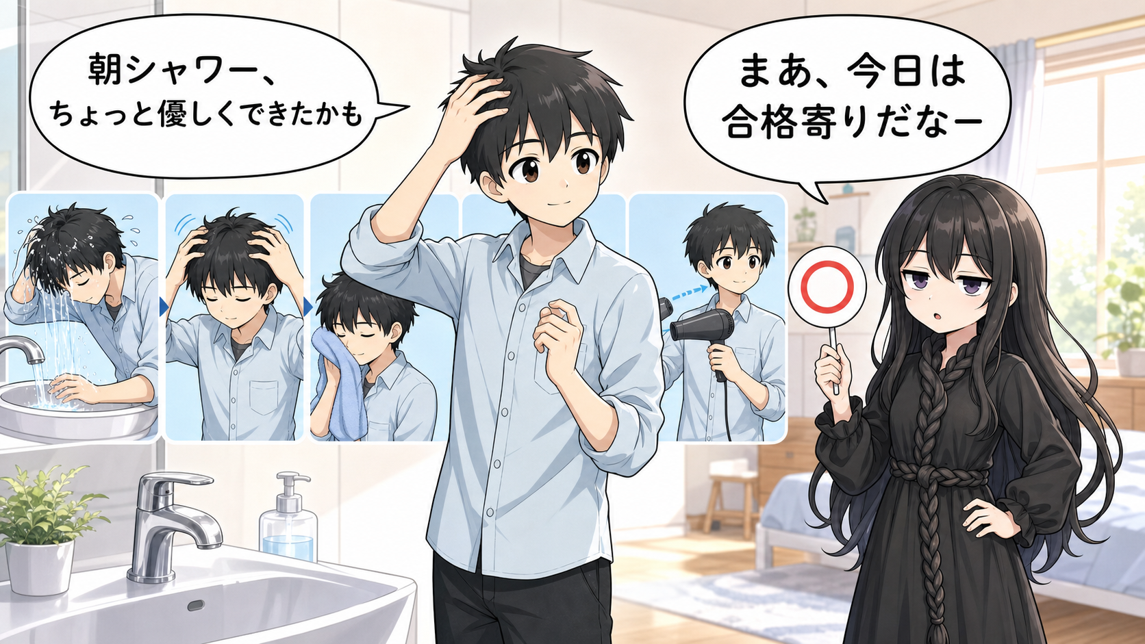 朝シャワーはげる不安のまとめを髪の毛さんとけい太が解説するイラスト