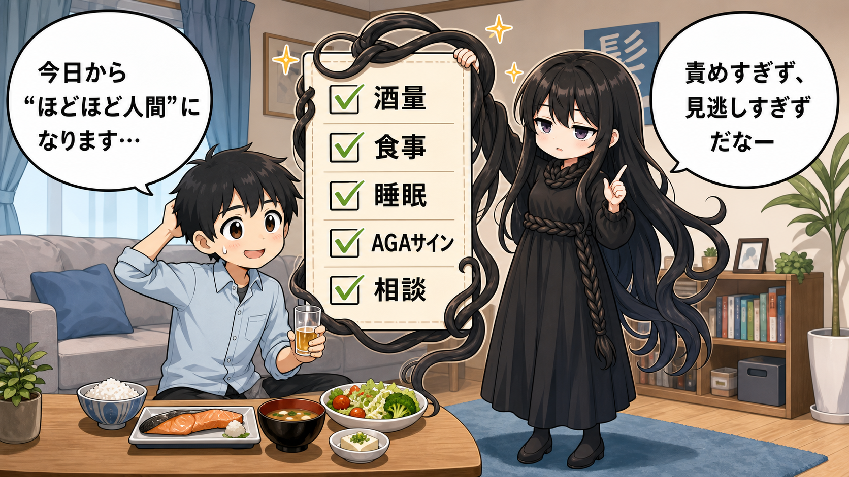 飲酒ではげる不安のまとめをチェックリストで示す髪の毛さんとけい太のイラスト