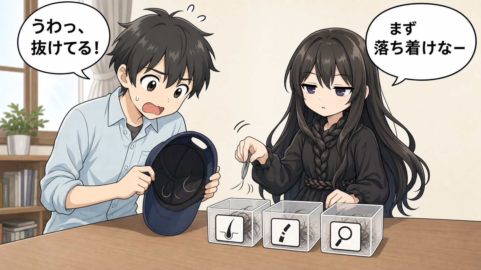 帽子と抜け毛の関係を漫画で説明するけい太と髪の毛さん