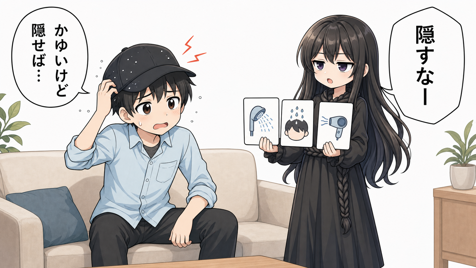 帽子のフケとかゆみ対策を説明する漫画