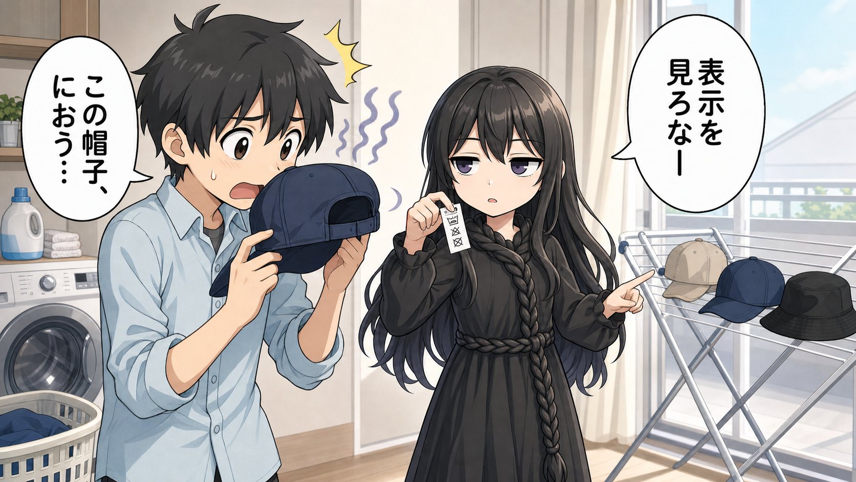 帽子の臭いと洗濯頻度を確認するけい太と髪の毛さんの漫画