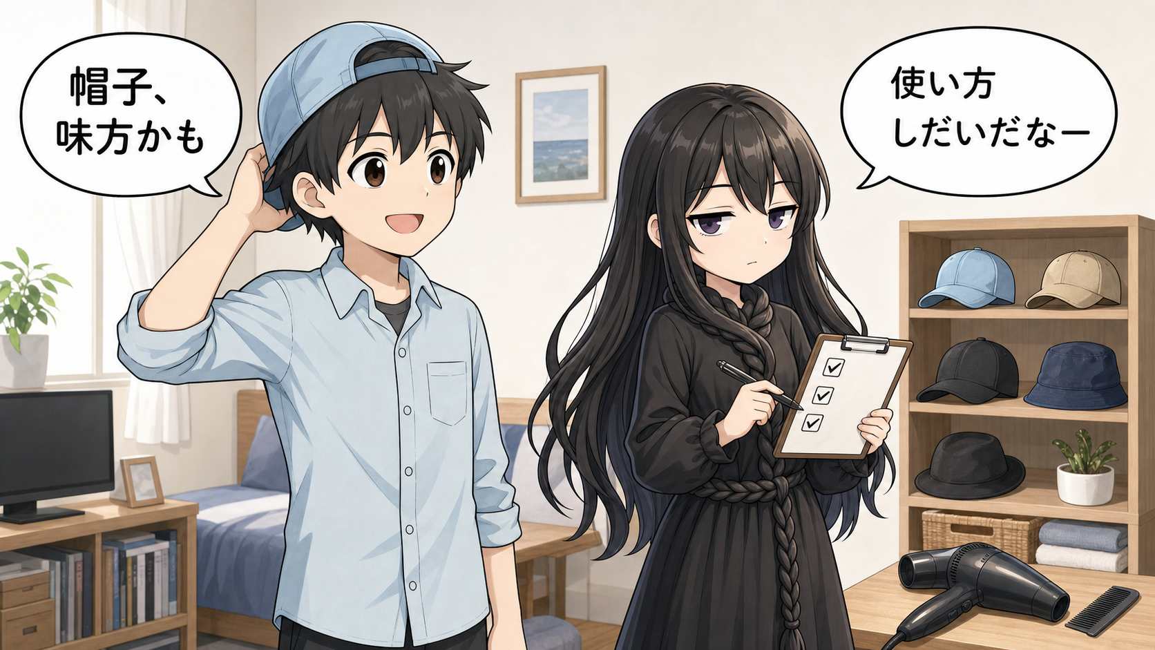 室内で帽子ははげるかを総括するけい太と髪の毛さんの漫画