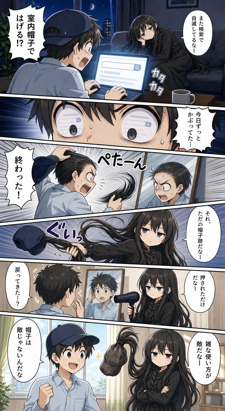 帽子をかぶるとはげるか不安になるけい太と髪の毛さんの導入漫画