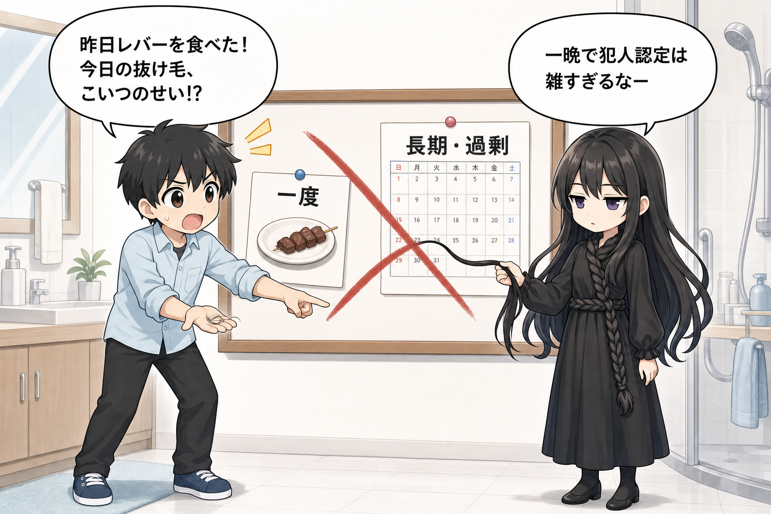 ビタミンA過剰と脱毛の関係を説明する髪の毛さんとけい太