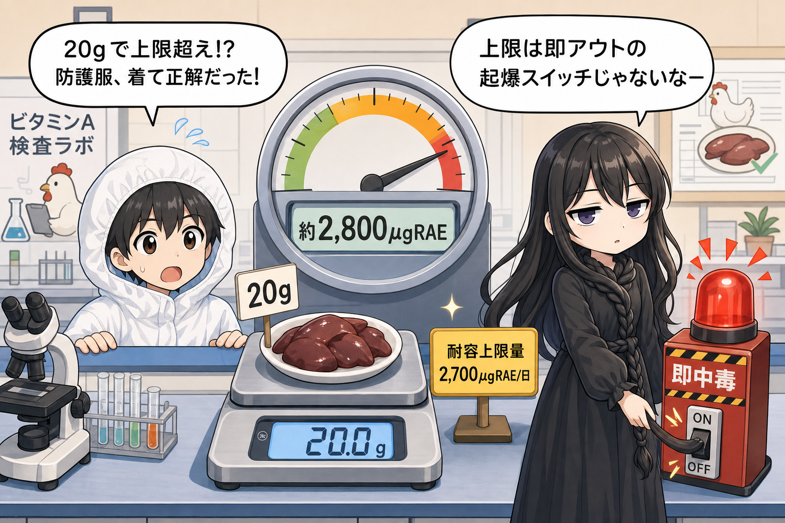 鶏レバー20gとビタミンA耐容上限量を確認する髪の毛さんとけい太