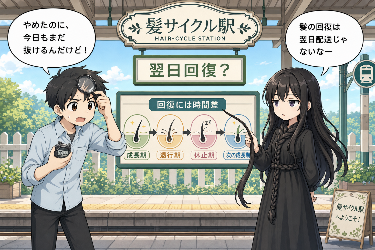 毛周期と髪の回復の時間差を説明する髪の毛さんとけい太