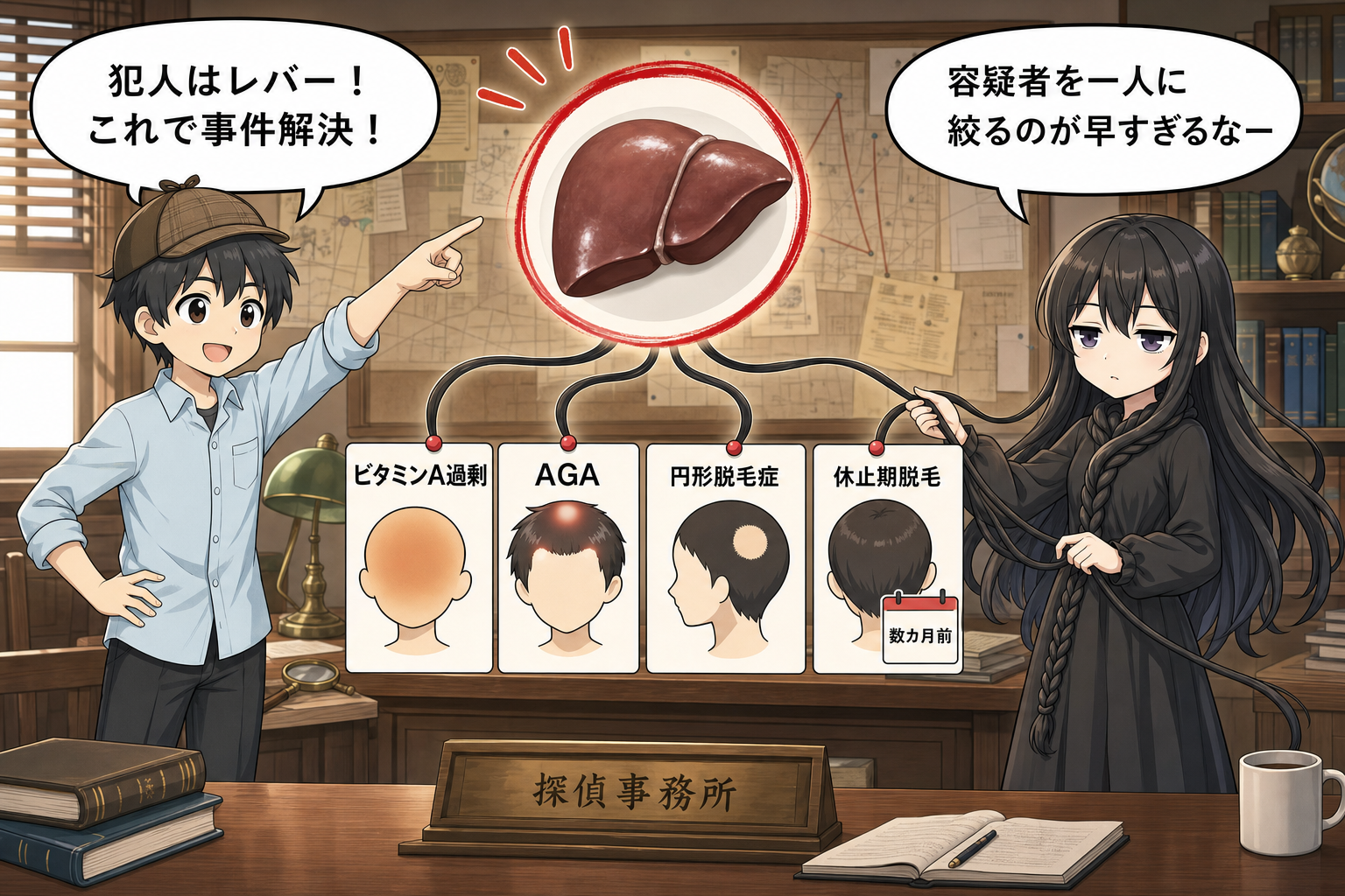 ビタミンA過剰・AGA・円形脱毛症・休止期脱毛の違いを調べる二人