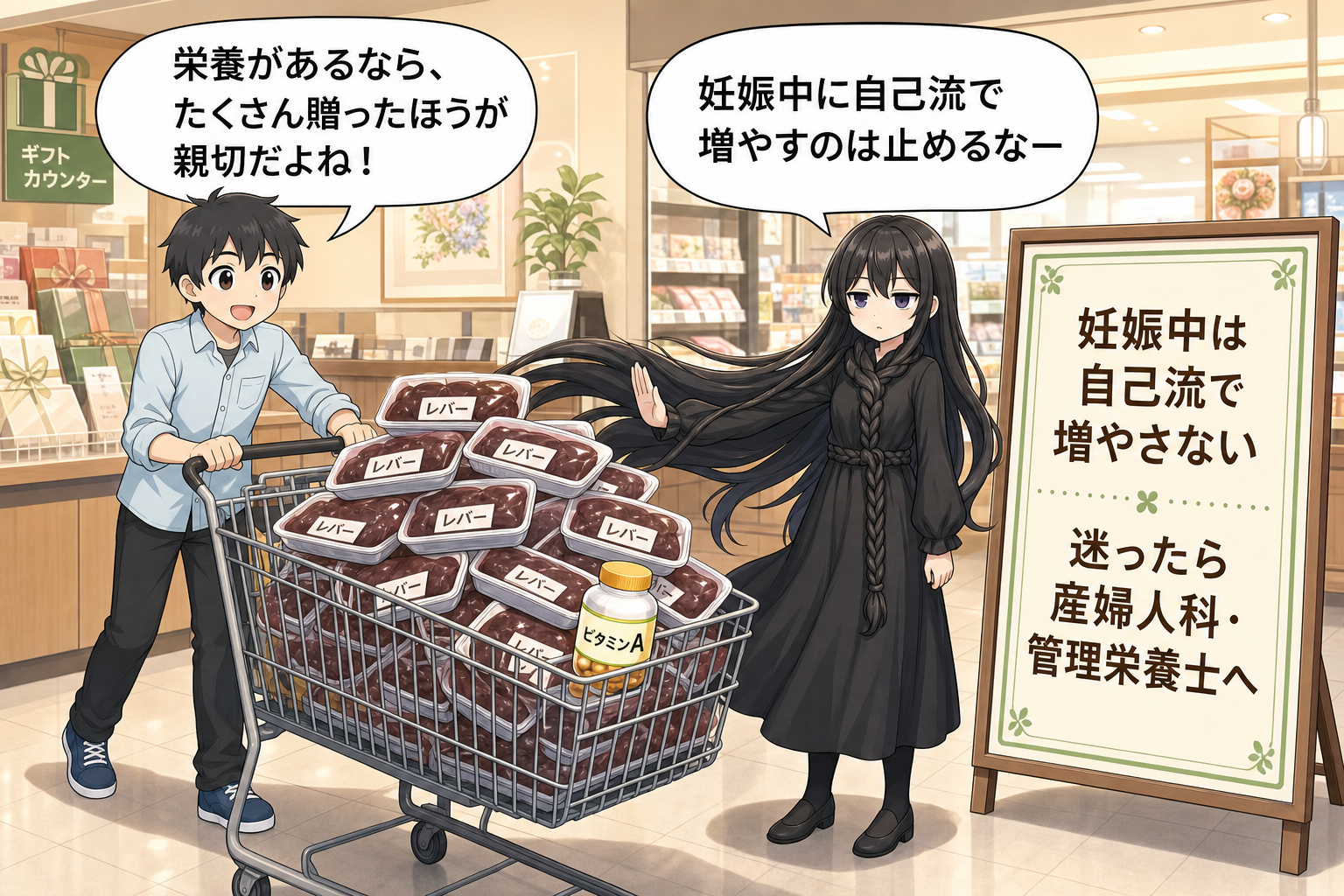 妊娠中のレバーとビタミンAの摂り過ぎに注意を促す髪の毛さん