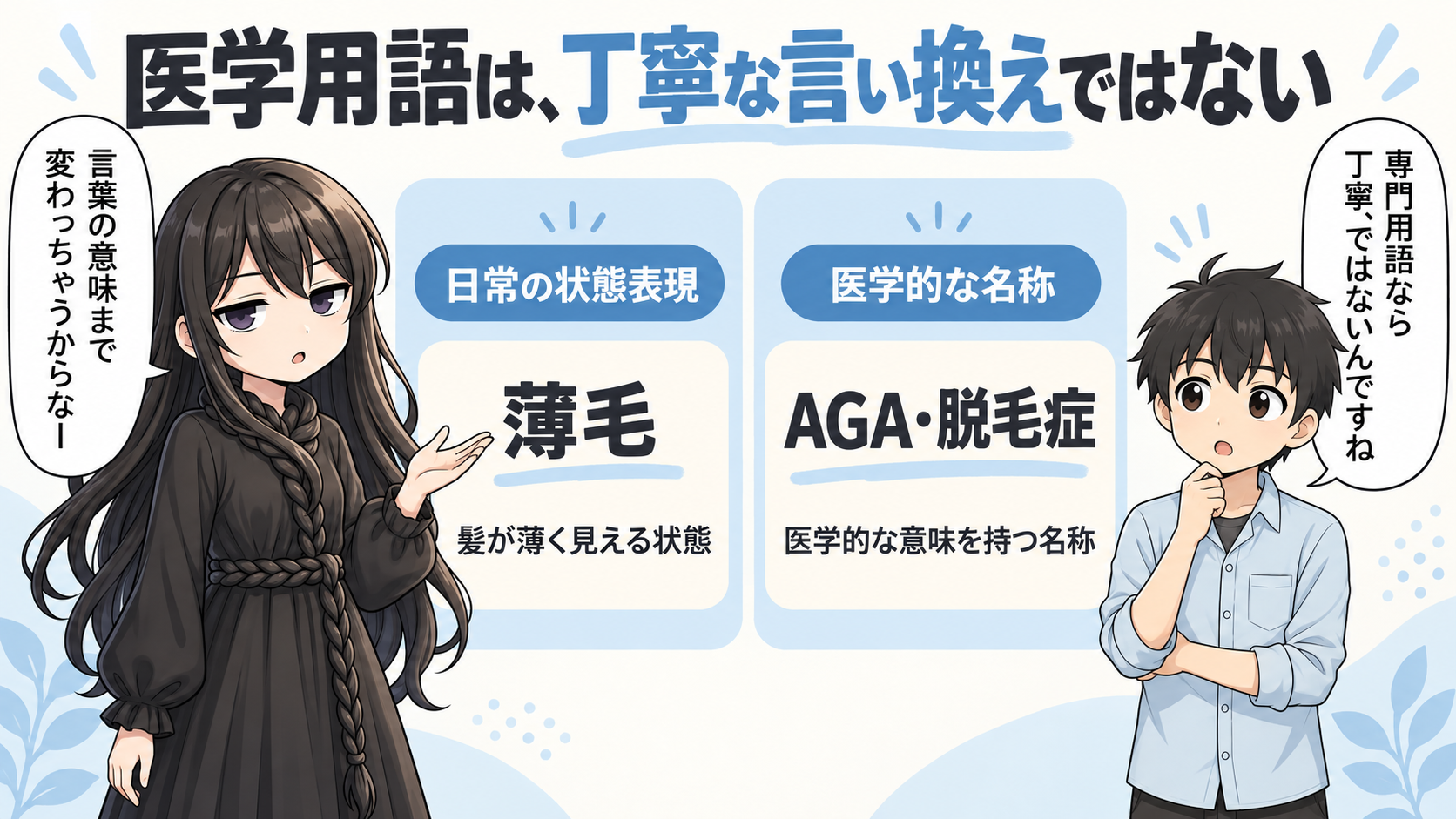 薄毛とAGA・脱毛症の使い分けの解説イラスト