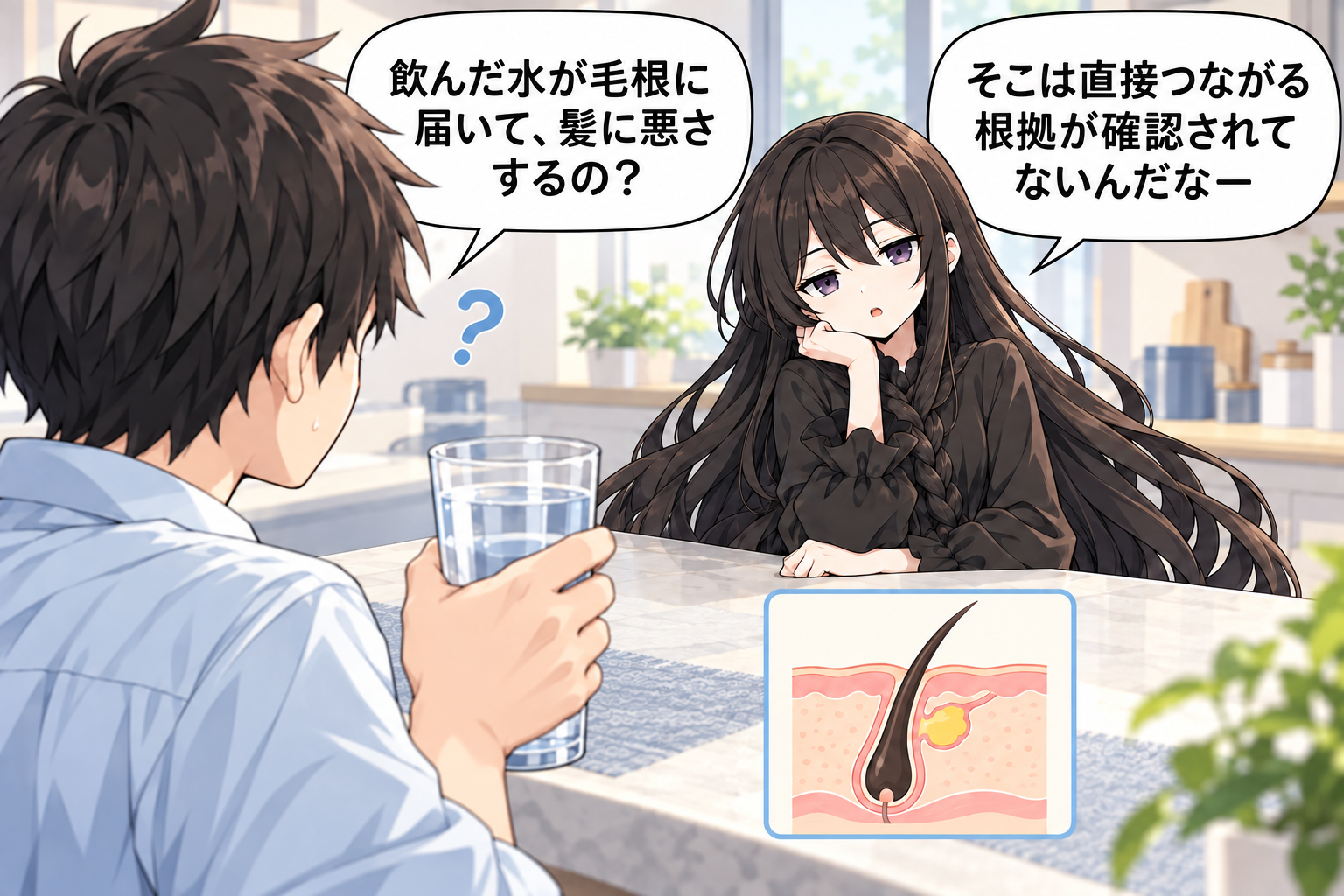 水道水の塩素と髪への影響を説明する髪の毛さんとけい太