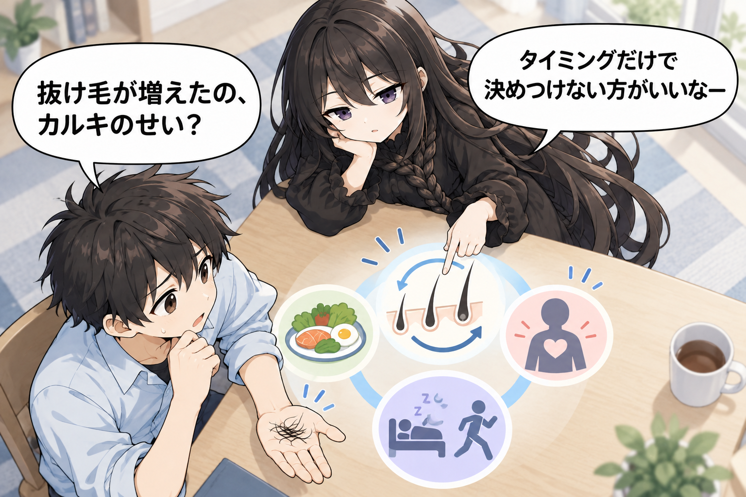 カルキと抜け毛の関係を調べるけい太と髪の毛さん