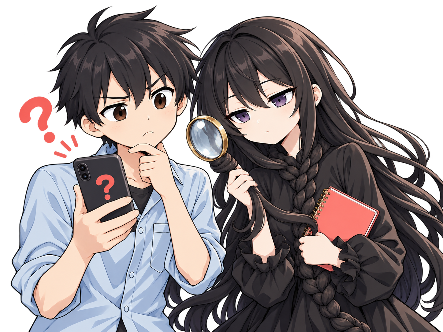 スマートフォンの情報を確かめるけい太と髪の毛さん