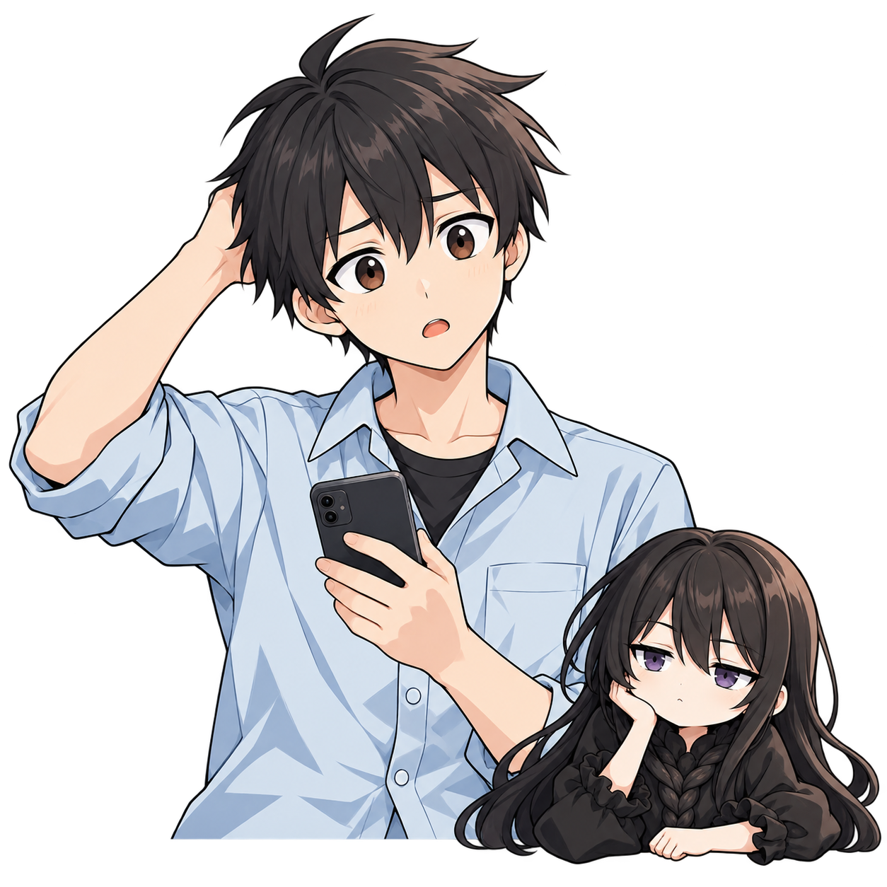 スマホを見て悩むけい太と、冷静な髪の毛さん