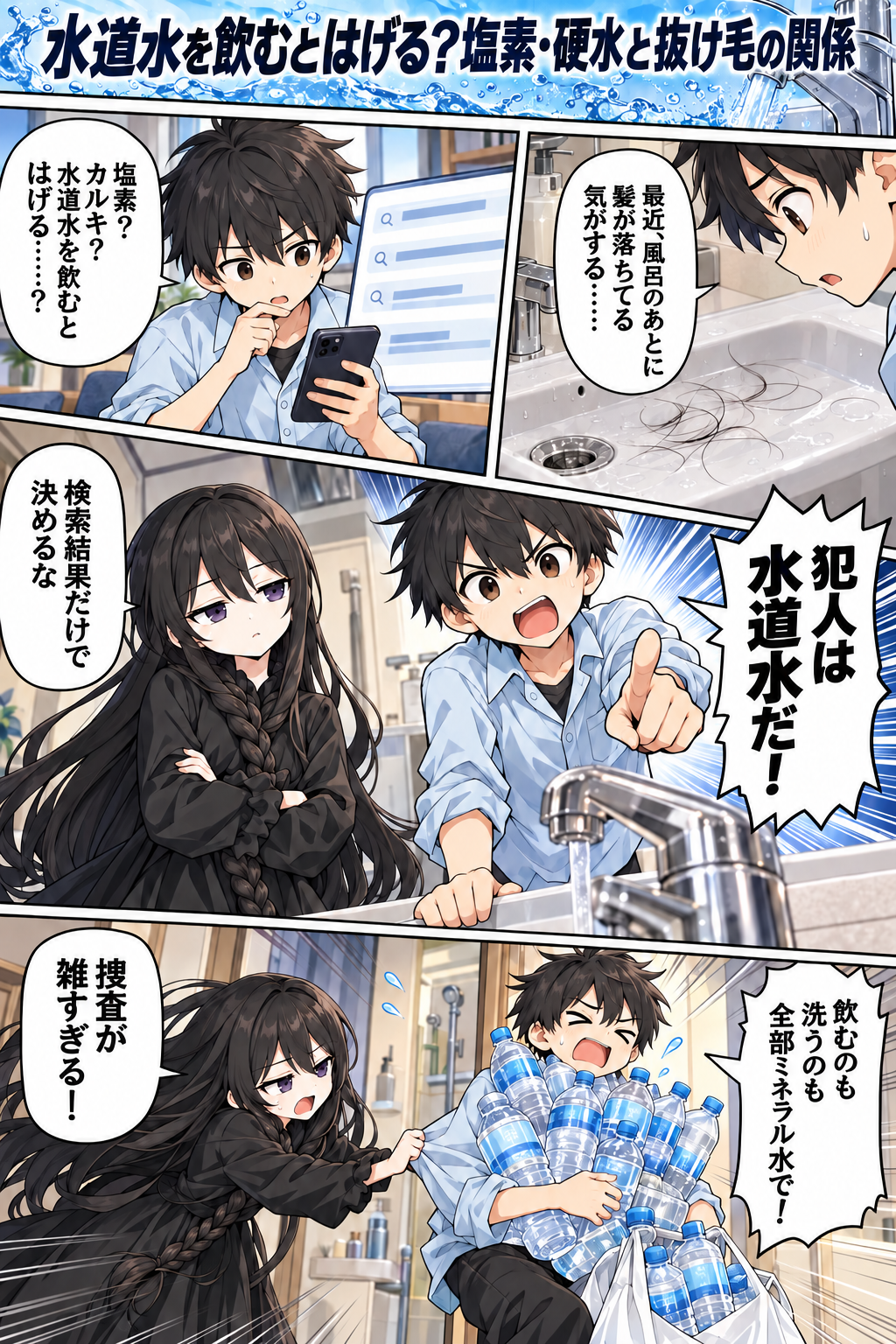 水道水を飲むとはげる？ 塩素・硬水と抜け毛の関係の漫画 1ページ目