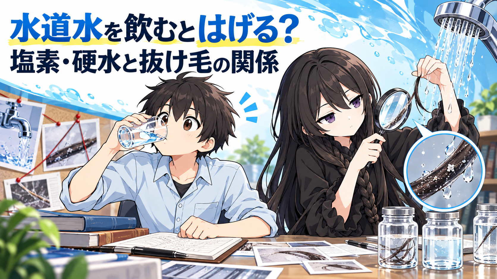 水道水を飲むけい太と、髪への影響を説明する髪の毛さん。水道水を飲むとはげるのかを考えるアイキャッチ画像